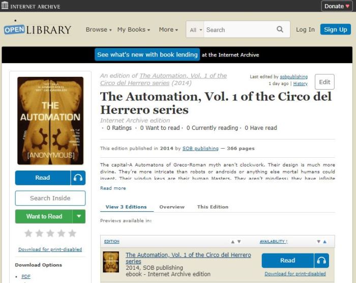 screenshot of the mythpunk book The Automation on the open library 